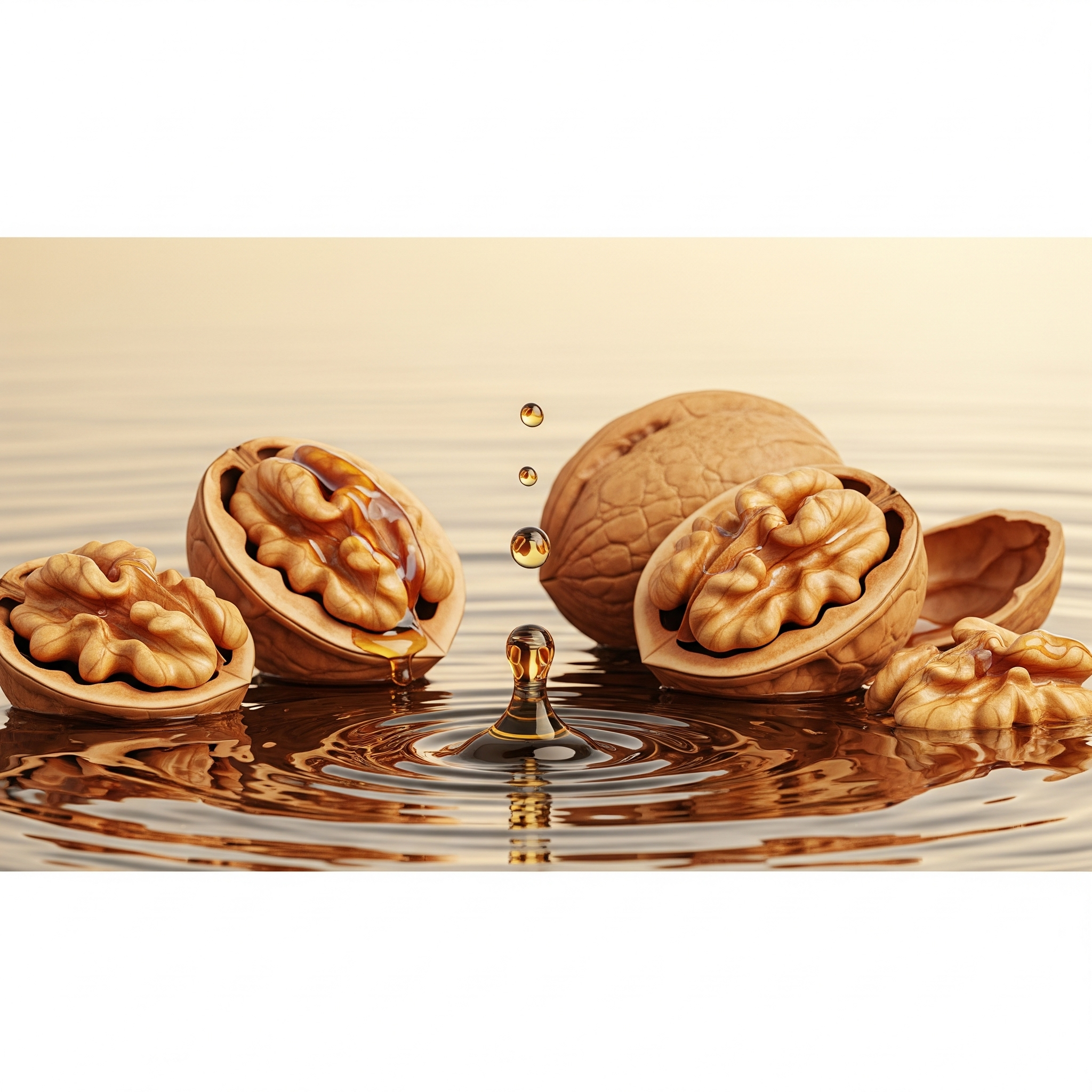 Cold-pressed walnut oil dripping from fresh walnuts into rippling water