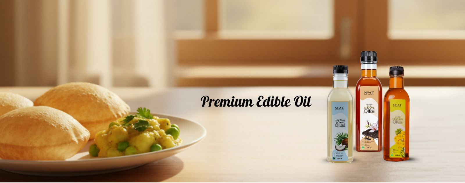 Premium edible oils (500ml-1000ml) with delicious Indian meal.