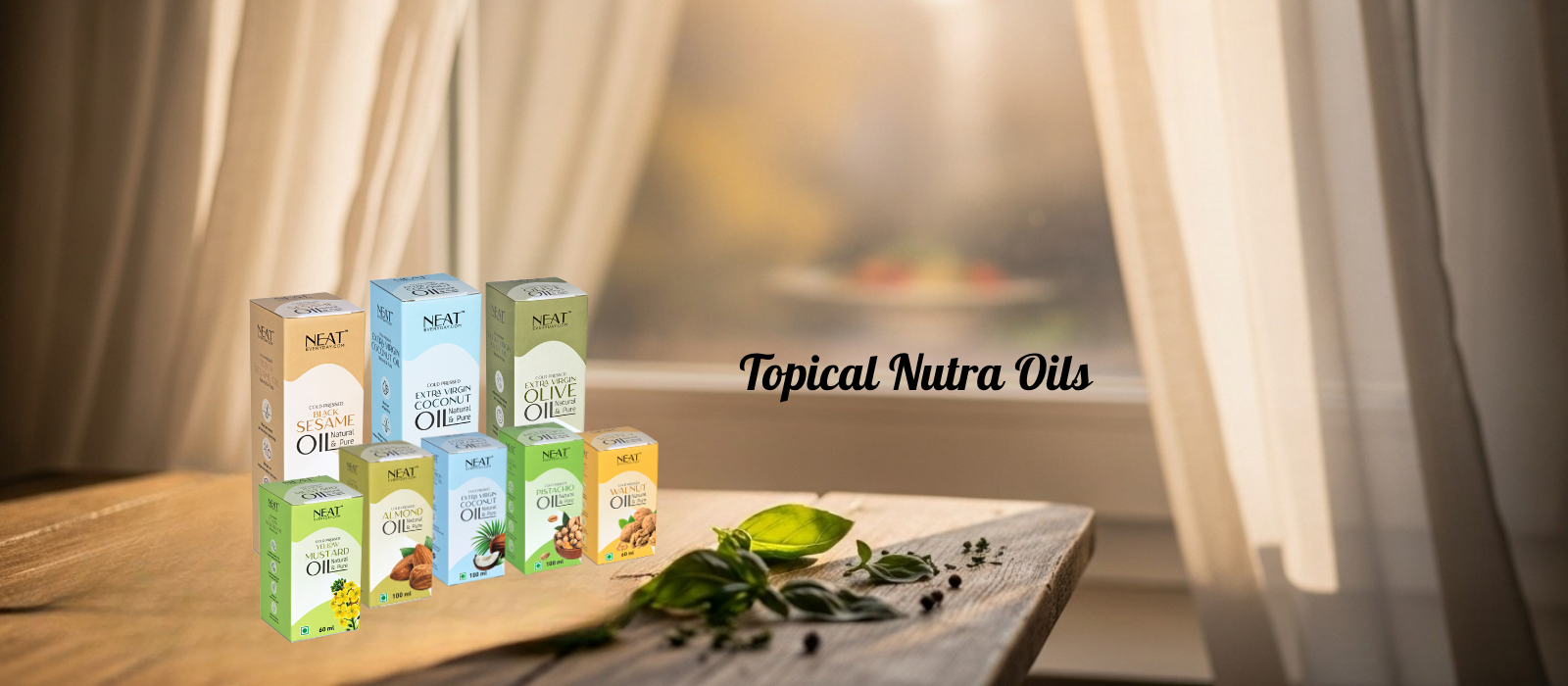 Premium Topical Nutra Oils collection with natural herbal extracts.