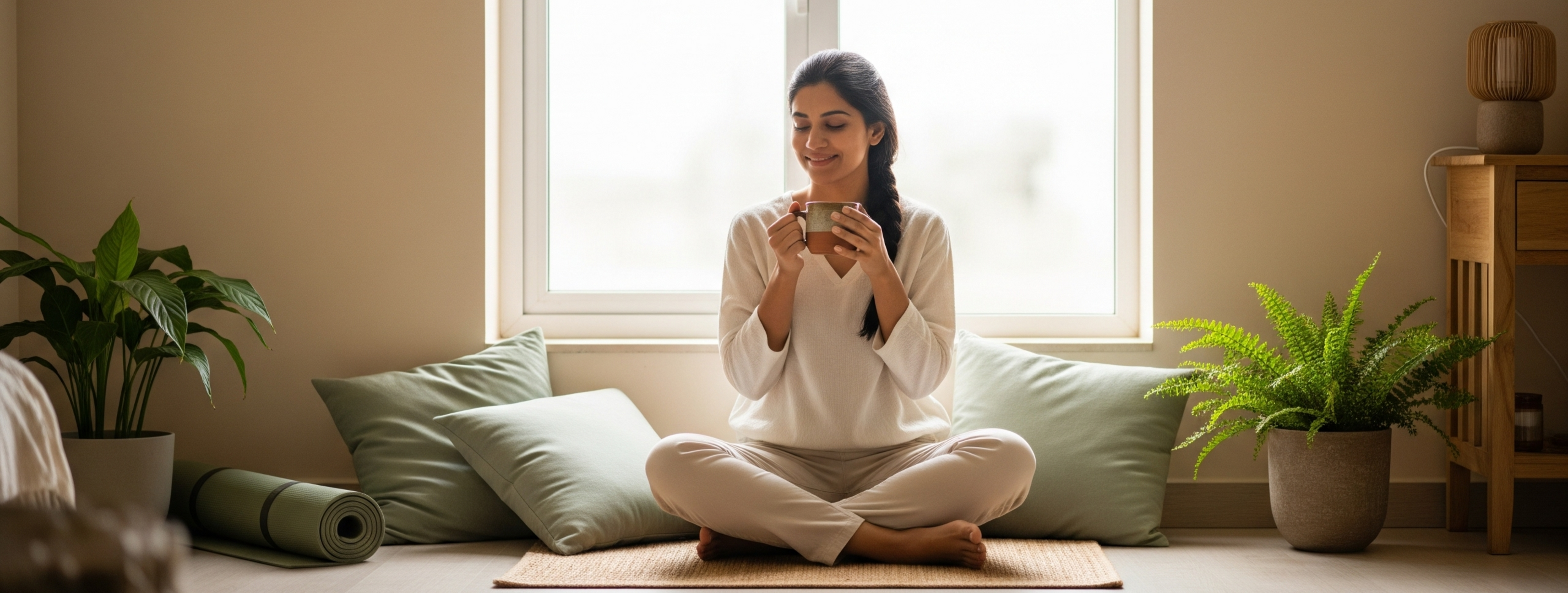 Woman enjoying tea in serene wellness space with yoga mat and plants.
