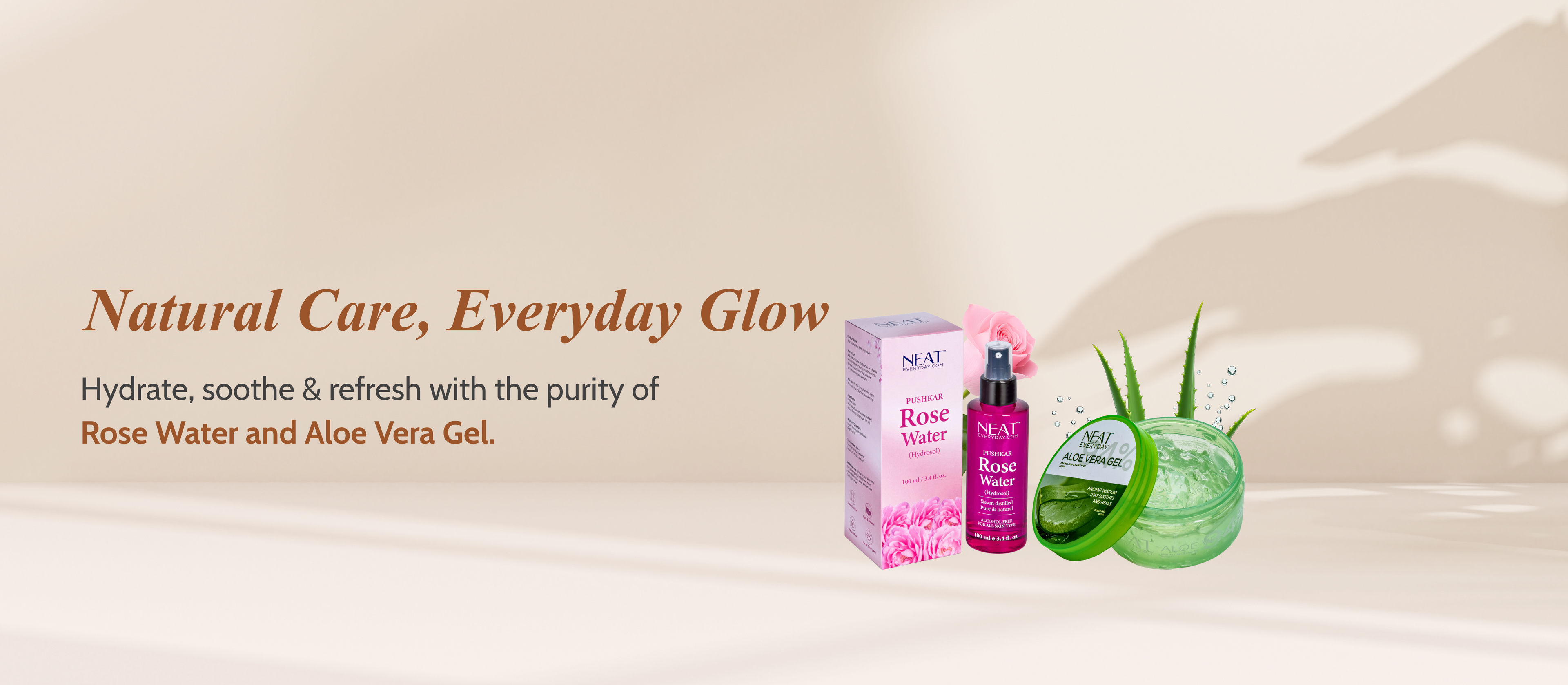 Natural skincare set with rose water and aloe vera gel for hydration and glow.