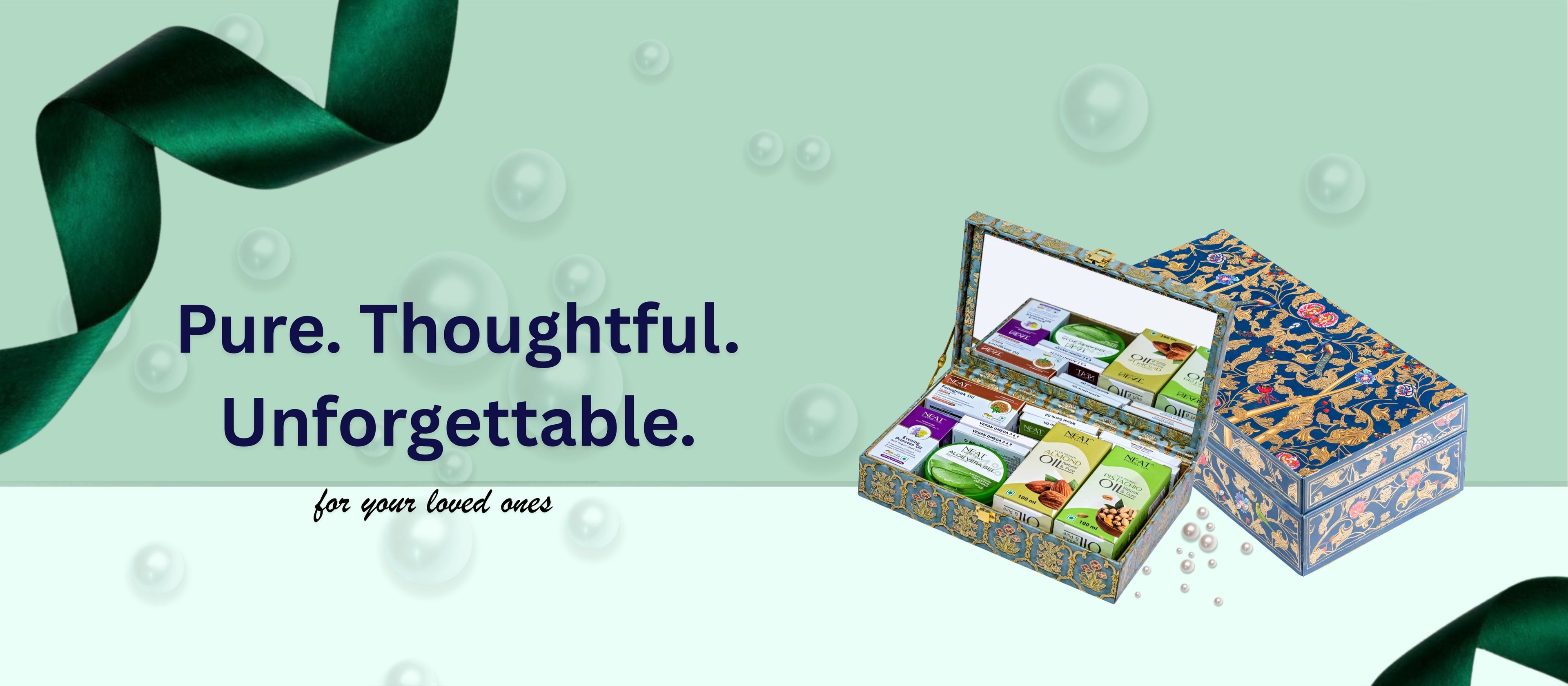 Stylish gifting boxes including grooming kits, candles, and self-care sets.