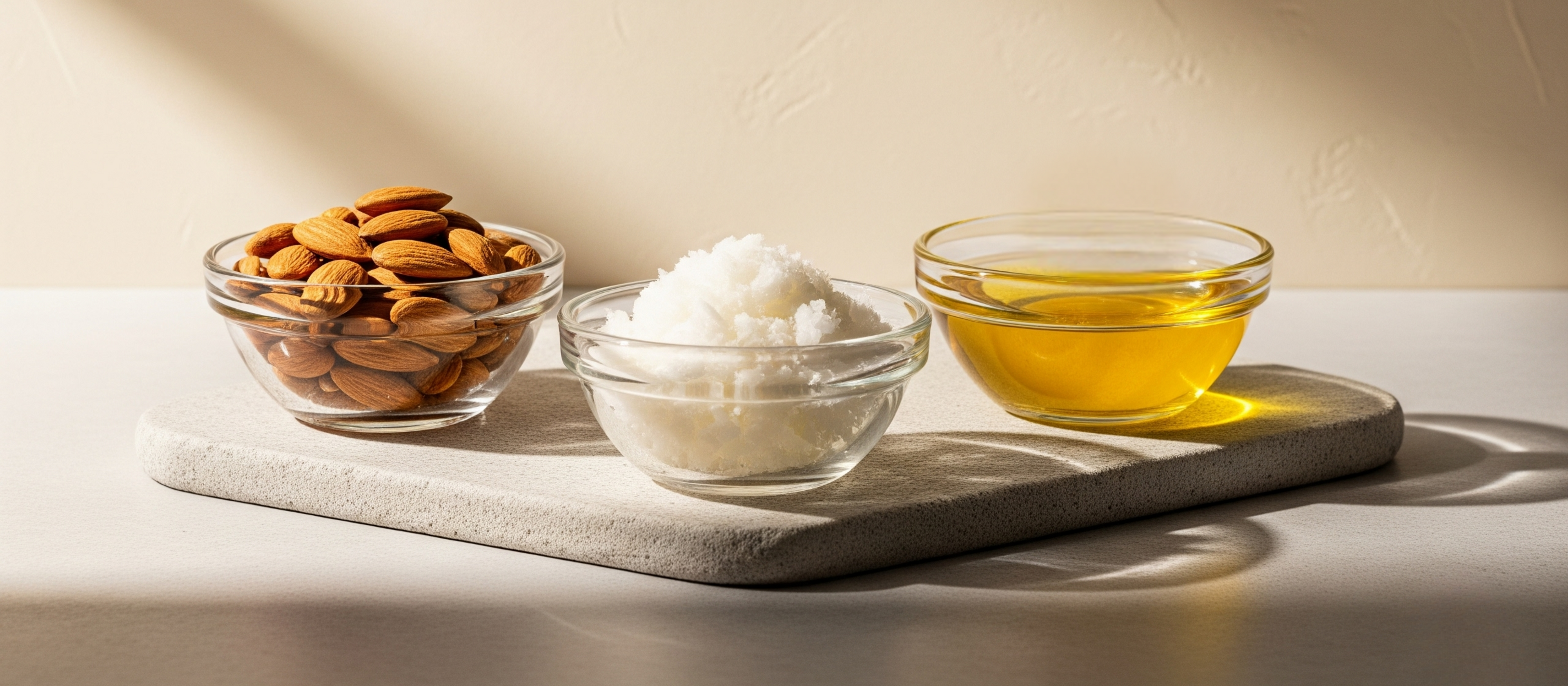 Nutra Oils collection with almonds, coconut oil, and golden oil