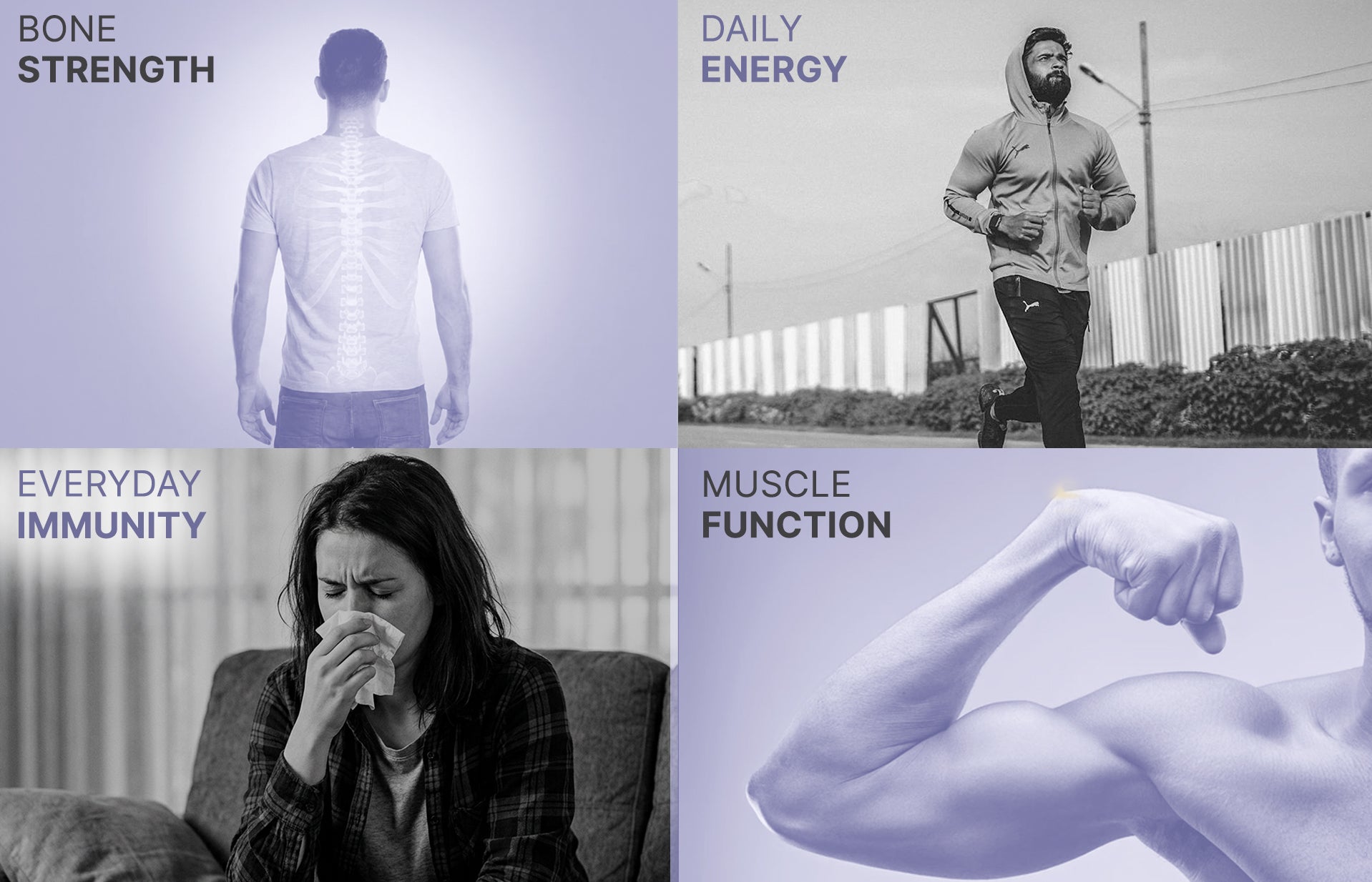 Collage of images showing a person from behind, a person running, a person with a cold, and a person flexing muscles, with text labels on each.