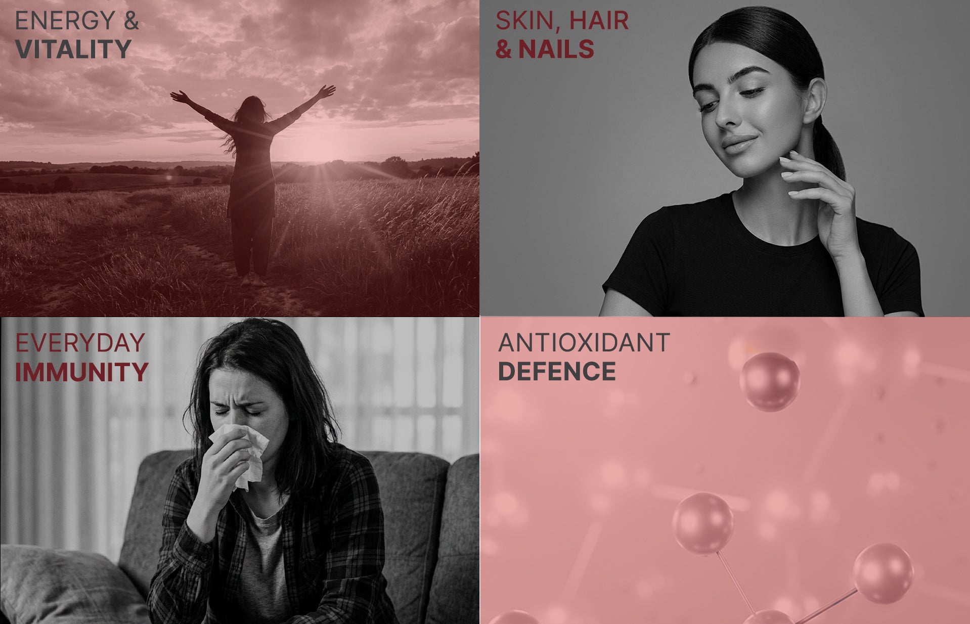 Four quadrants showing a woman in a field, a close-up of a woman's face, a woman on a couch with a tissue, and a pink background with bubbles.