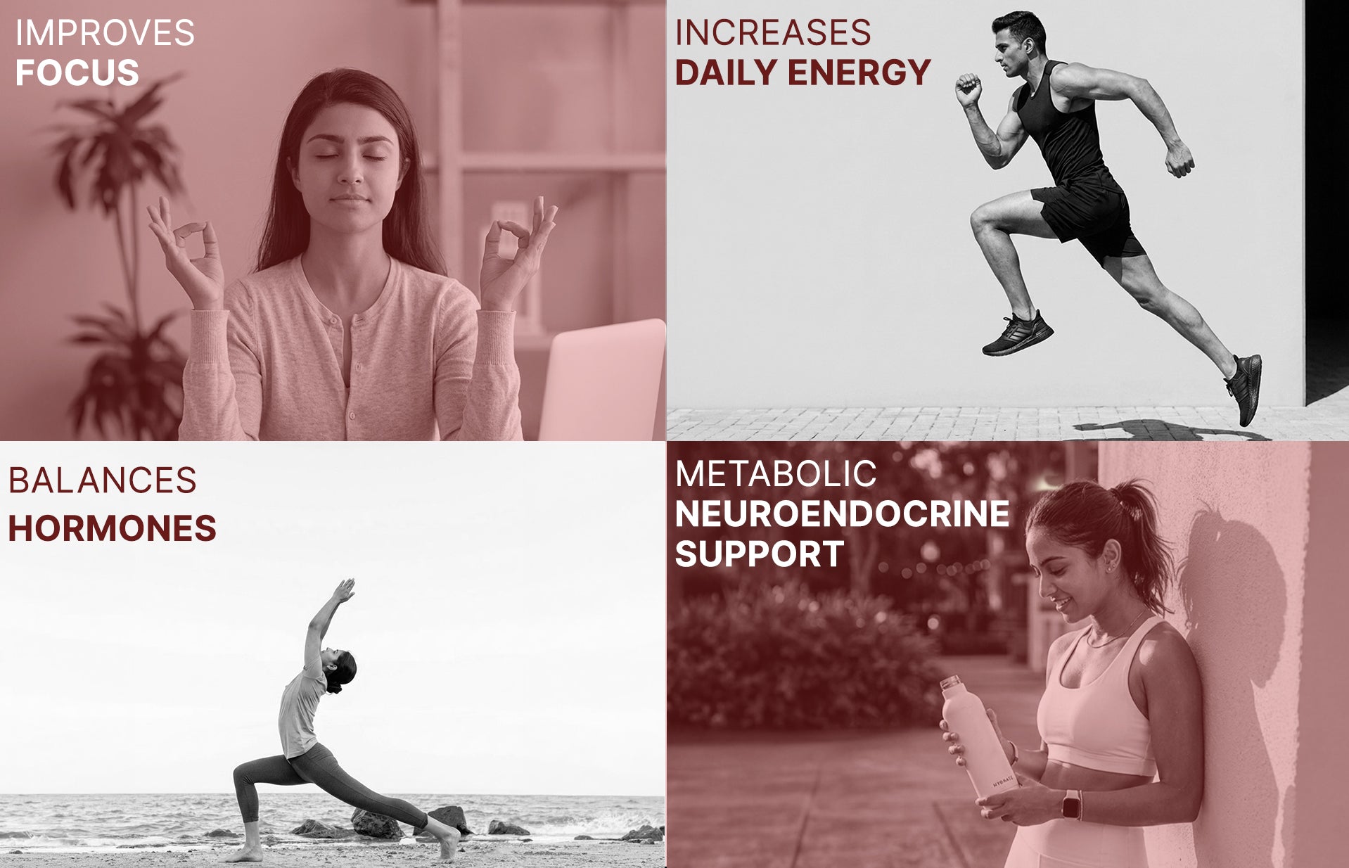 Collage of people engaging in various activities with text benefits on a pink and white background