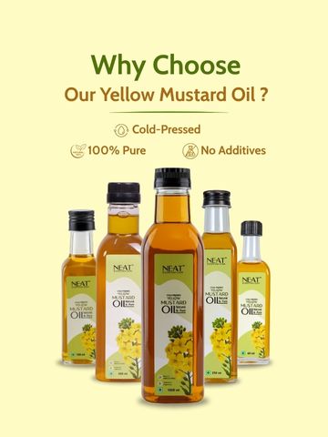 Assorted bottles of Cold Pressed Yellow Mustard Oil for Hair Growth & Scalp Care – 100 ml to 500 ml, labeled 100% pure and additive-free.
