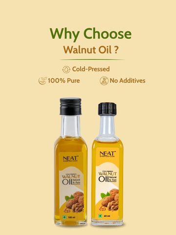 Cold Pressed Walnut Oil for Hair & Skin Wellness – 100 ml and 60 ml bottles shown with benefits like purity, no additives, and cold-pressed quality.
