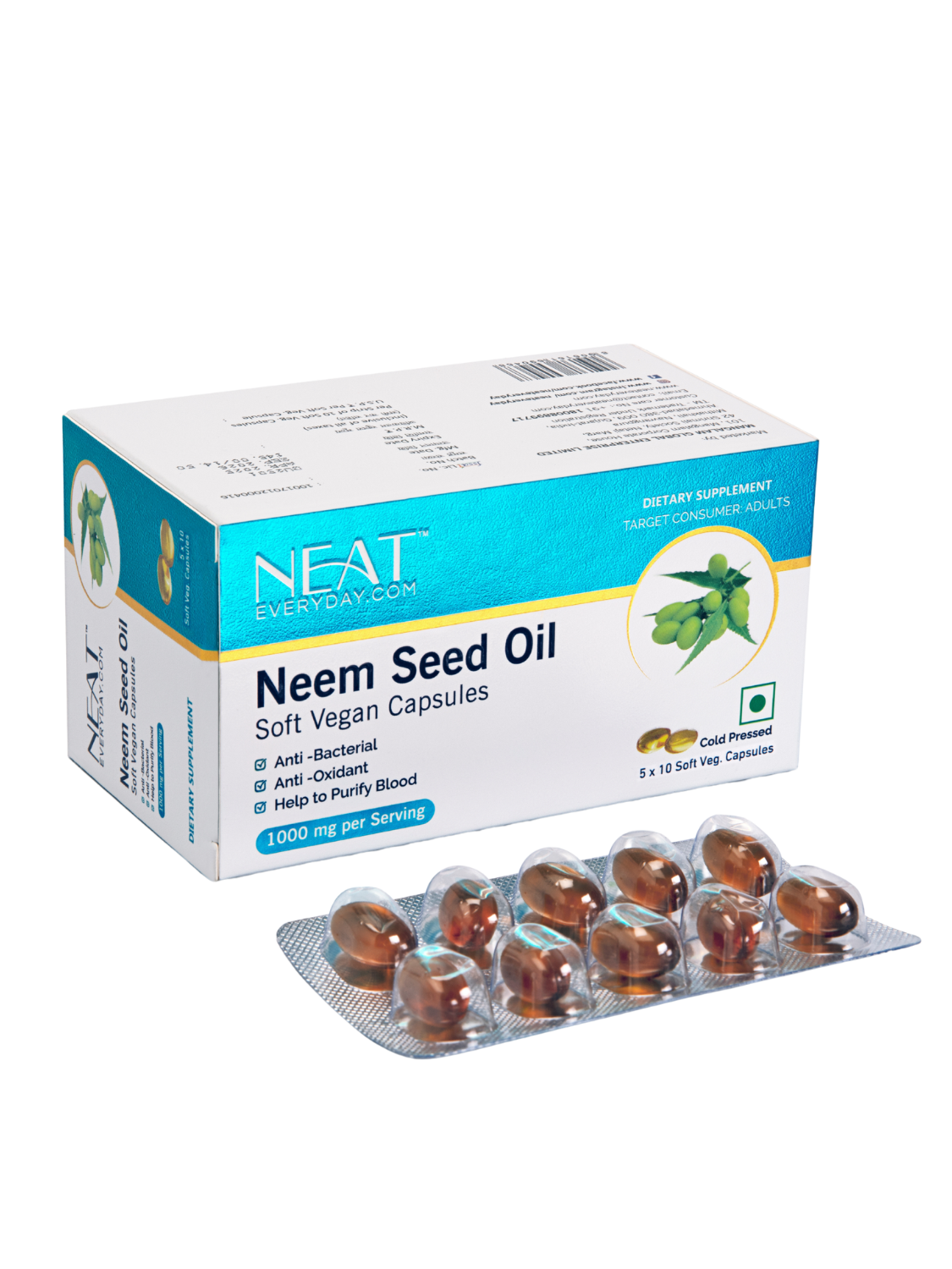 Neem Seed Oil Soft Vegan Capsules-1000mg Per Serving Blister Pack