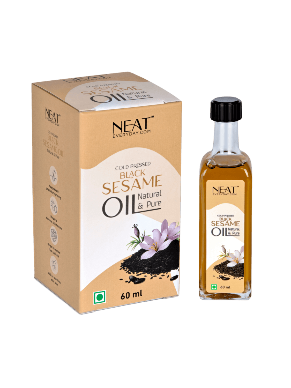 Cold Pressed Black Sesame Oil for Hair Strength & Scalp Care – 60 ml bottle with packaging box, ideal for cooking and wellness use.