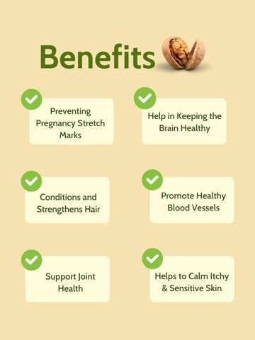 Cold Pressed Walnut Oil for Hair & Skin Wellness – infographic listing benefits like joint support, brain health, and skin nourishment.