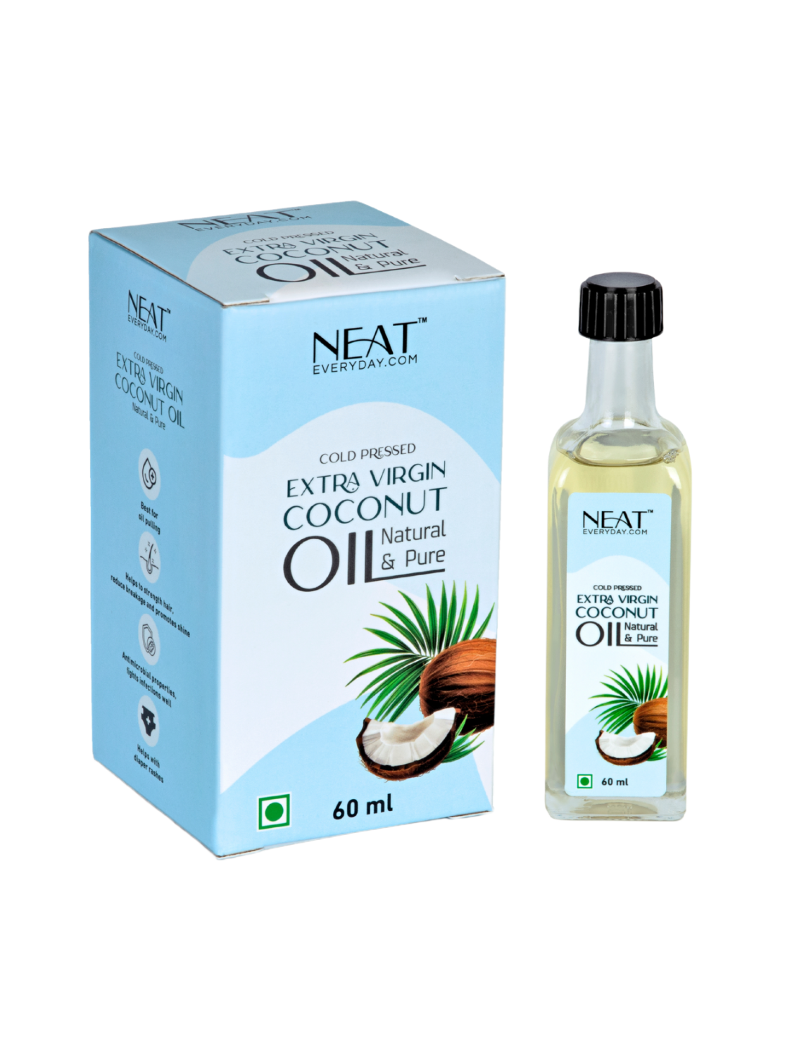 Cold Pressed Extra Virgin Coconut Oil for Hair, Skin & Wellness – 60 ml bottle with box packaging, ideal for travel and daily use.