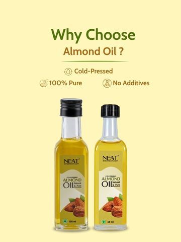 Two bottles of Cold Pressed Almond Oil for Hair Strength & Skin Care – 100 ml and 60 ml, labeled 100% pure, cold-pressed, and additive-free.
