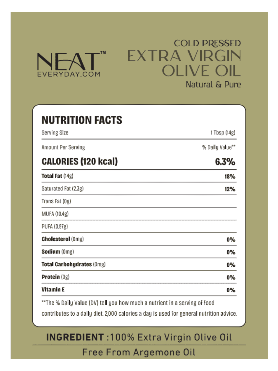 Nutrition facts label of Cold Pressed Extra Virgin Olive Oil for Skin, Hair & Wellness – 250 ml, showing 100% pure oil with no cholesterol or additives.