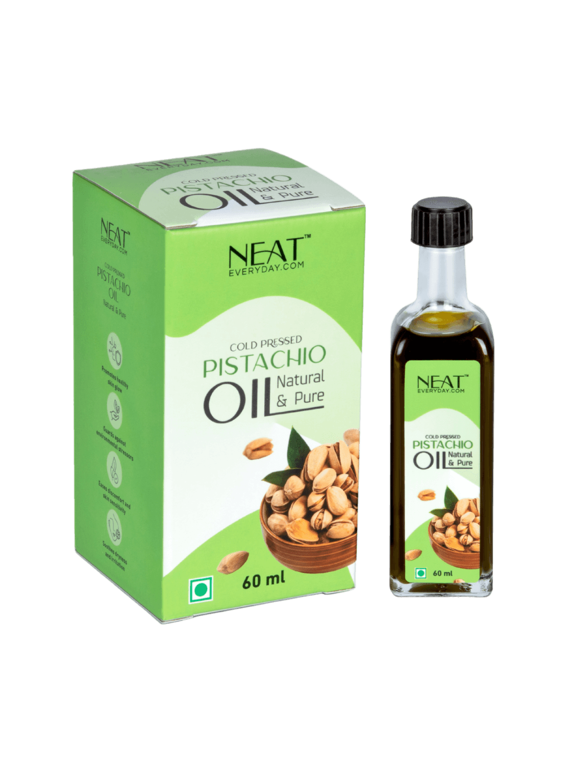 Cold Pressed Pistachio Oil for Skin Glow & Hair Care – 60 ml bottle with box packaging, ideal for skincare, massage, and culinary use.