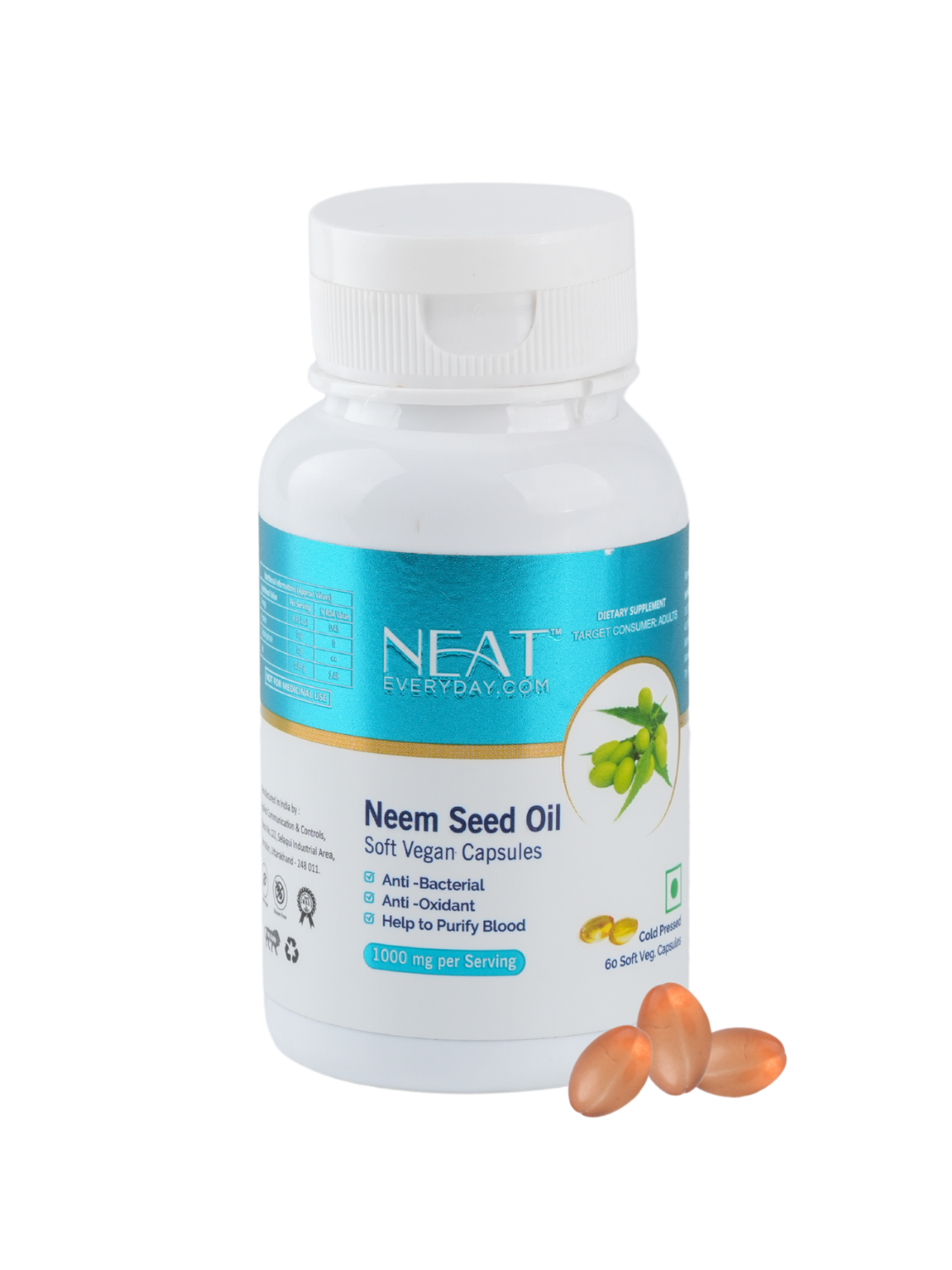 Neem Seed Oil Soft Vegan Capsules-1000mg Per Serving Jar Pack