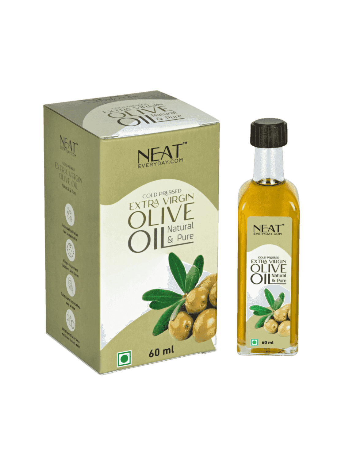 Cold Pressed Extra Virgin Olive Oil for Skin, Hair & Wellness – 60 ml bottle with box packaging, ideal for skincare and scalp nourishment.