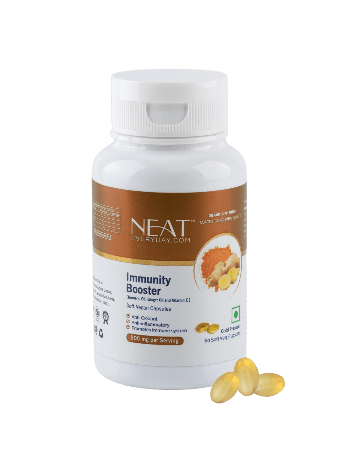 Immunity Booster bottle with 60 soft vegan capsules, enriched with Turmeric Oil, Ginger Oil, and Vitamin E for daily immune support.