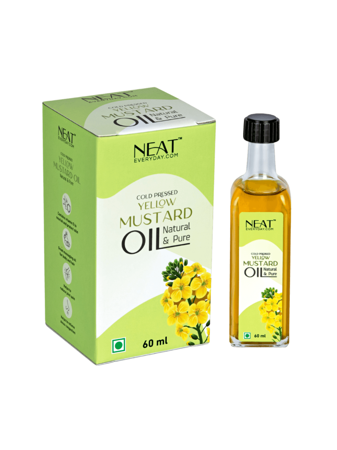 Cold Pressed Yellow Mustard Oil for Hair Growth & Scalp Care – 60 ml bottle with packaging box, ideal for cooking and wellness use.