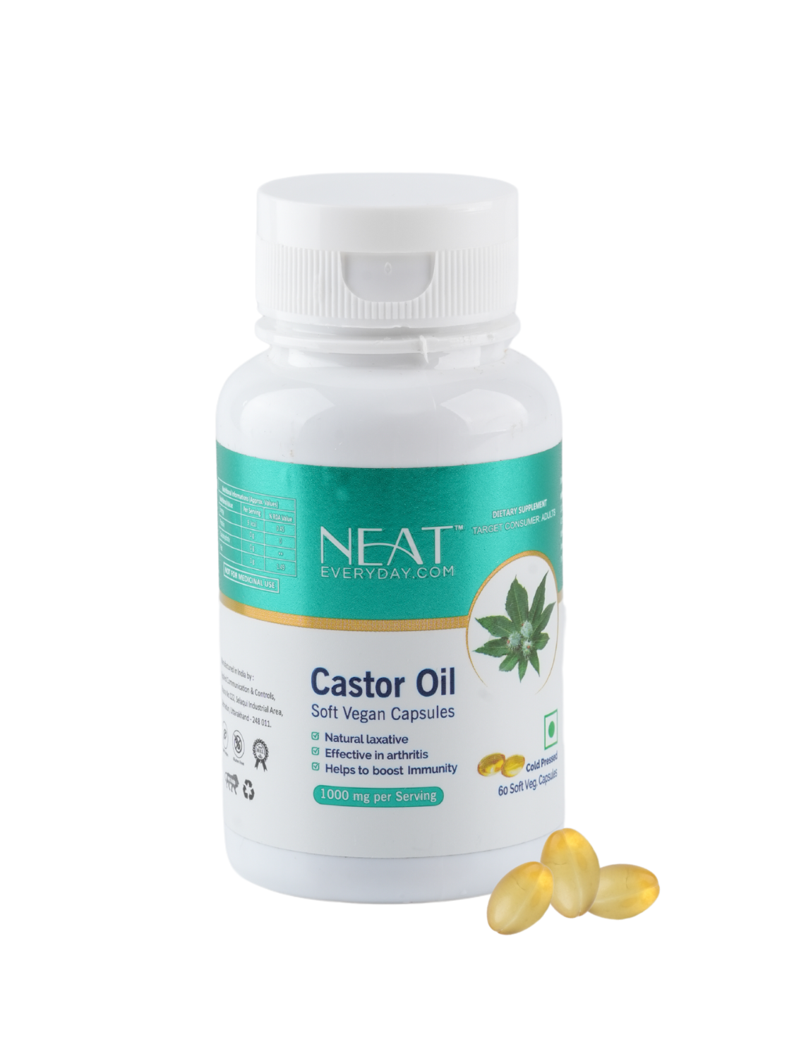 NEAT Castor Oil Capsule 1000mg with benefits like natural laxative, immunity boost, and joint health support.