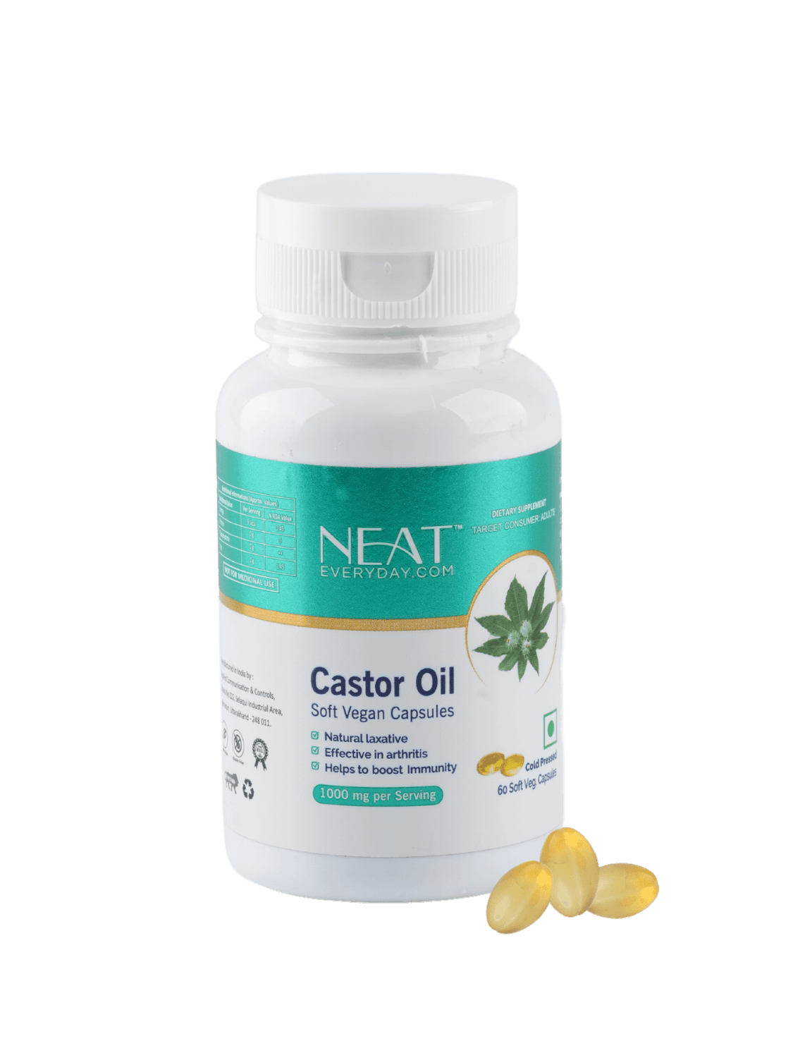 NEAT Castor Oil Capsule 1000mg with benefits like natural laxative, immunity boost, and joint health support.