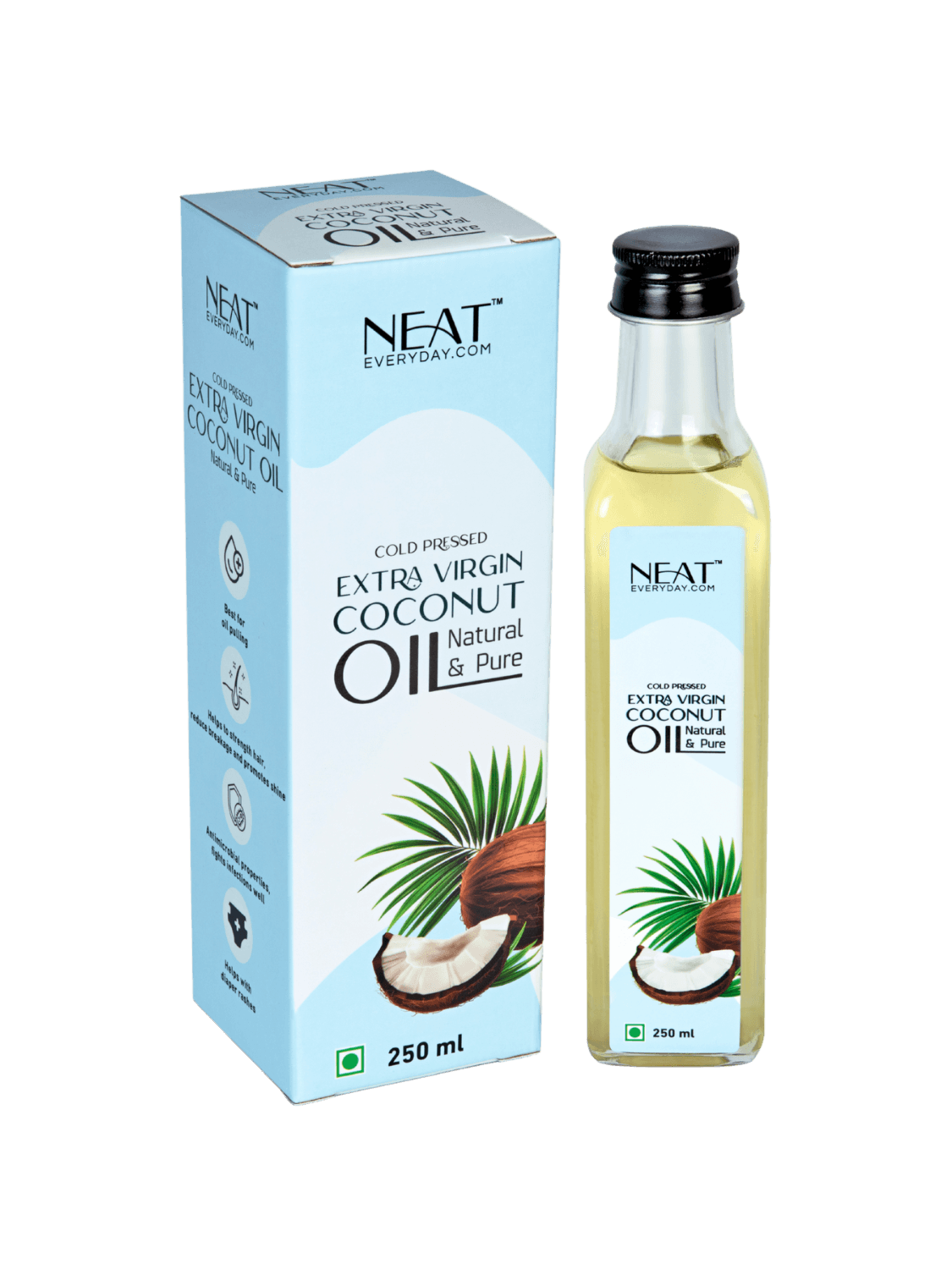 Cold Pressed Extra Virgin Coconut Oil for Hair, Skin & Wellness – 250 ml bottle with box packaging, ideal for cooking and skincare use.