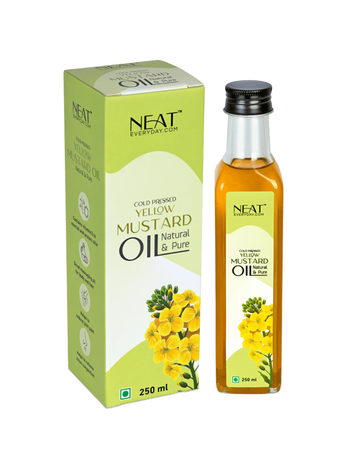 Cold Pressed Yellow Mustard Oil for Hair Growth & Scalp Care – 250 ml bottle with box packaging, ideal for cooking and body care.