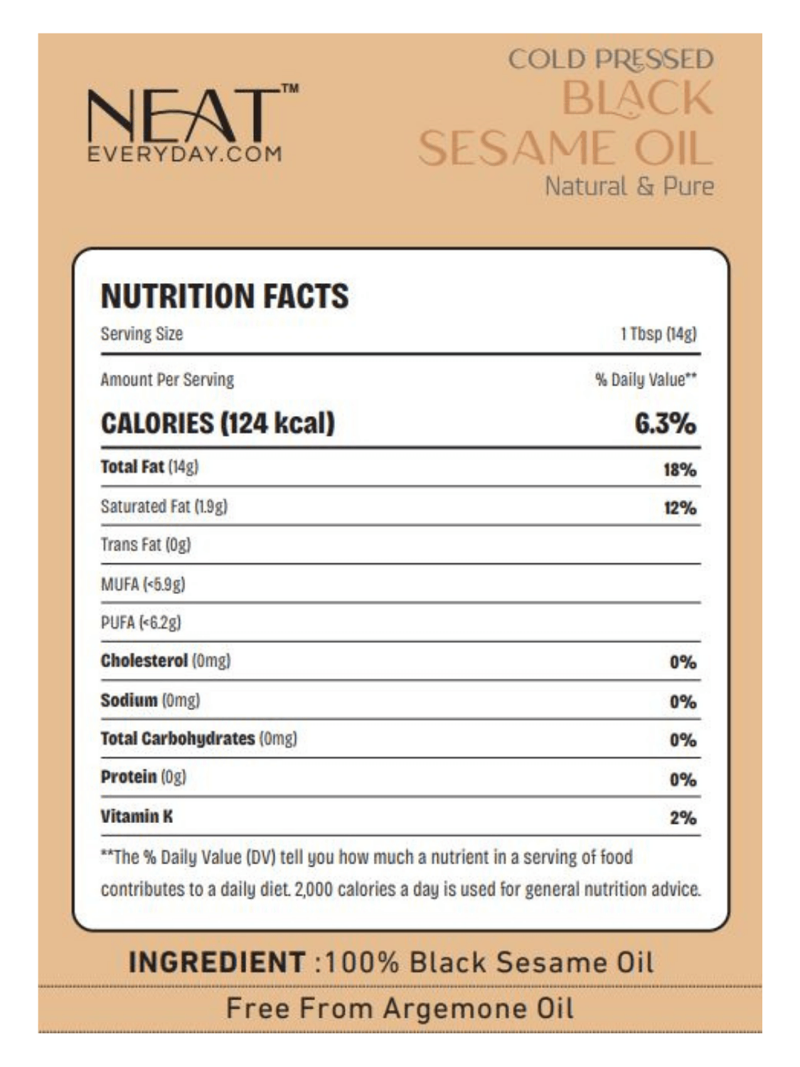 Nutrition facts label of Neat Everyday cold-pressed black sesame oil showing 100% black sesame oil content, calorie count, and vitamin K value.