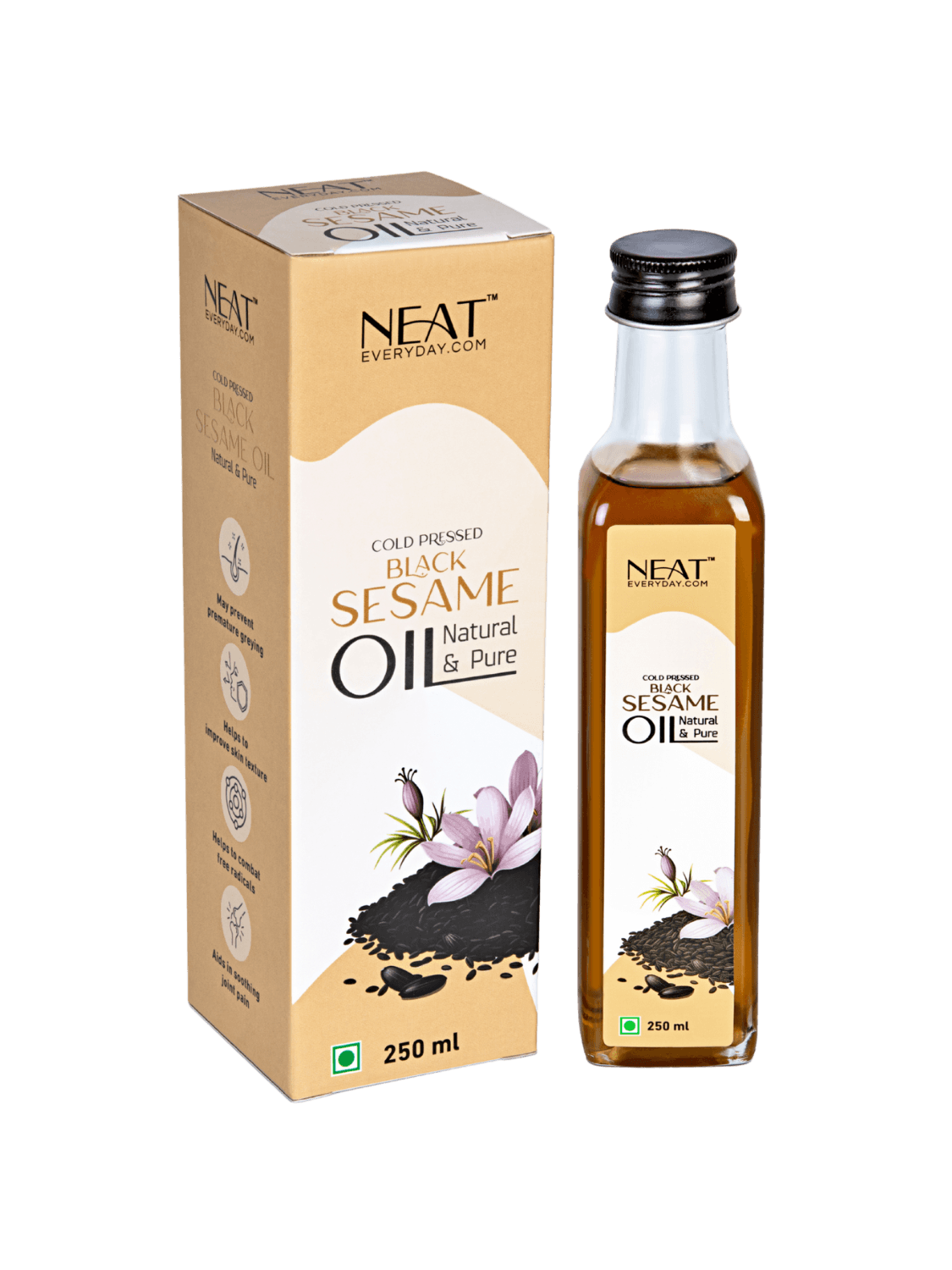 Cold Pressed Black Sesame Oil for Hair Strength & Scalp Care – 250 ml bottle with packaging box, ideal for cooking and wellness use.