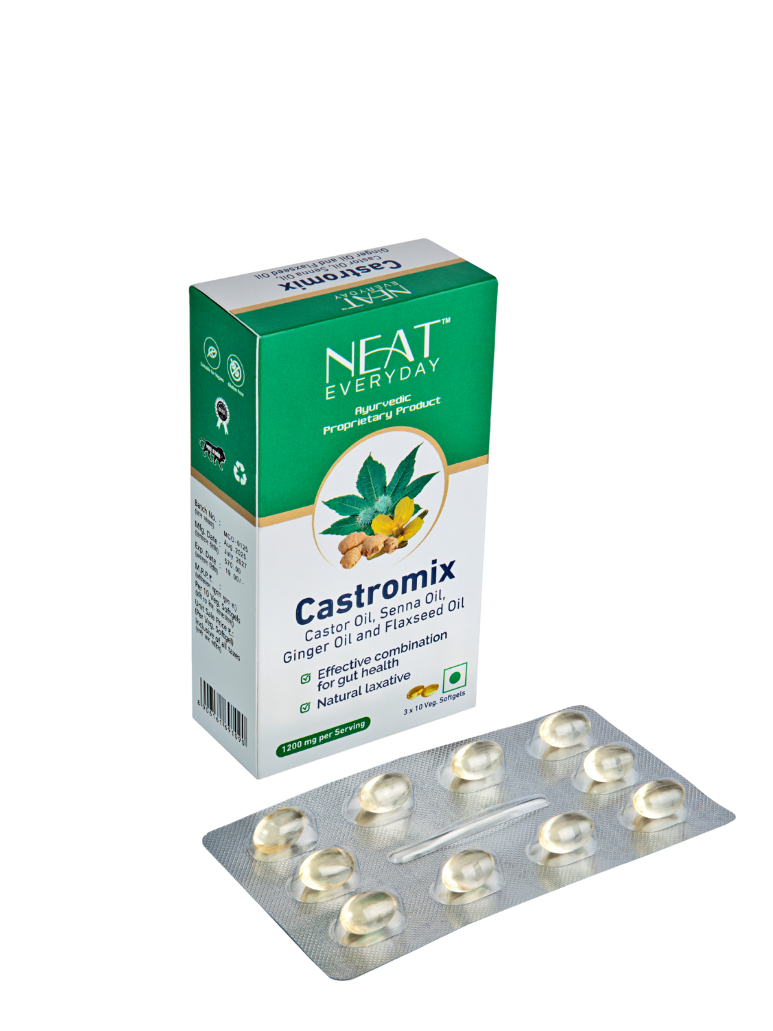 Castromix (Castor Oil, Senna Oil, Ginger Oil, Flaxseed Oil) Softgel Capsules-1200mg Per Serving