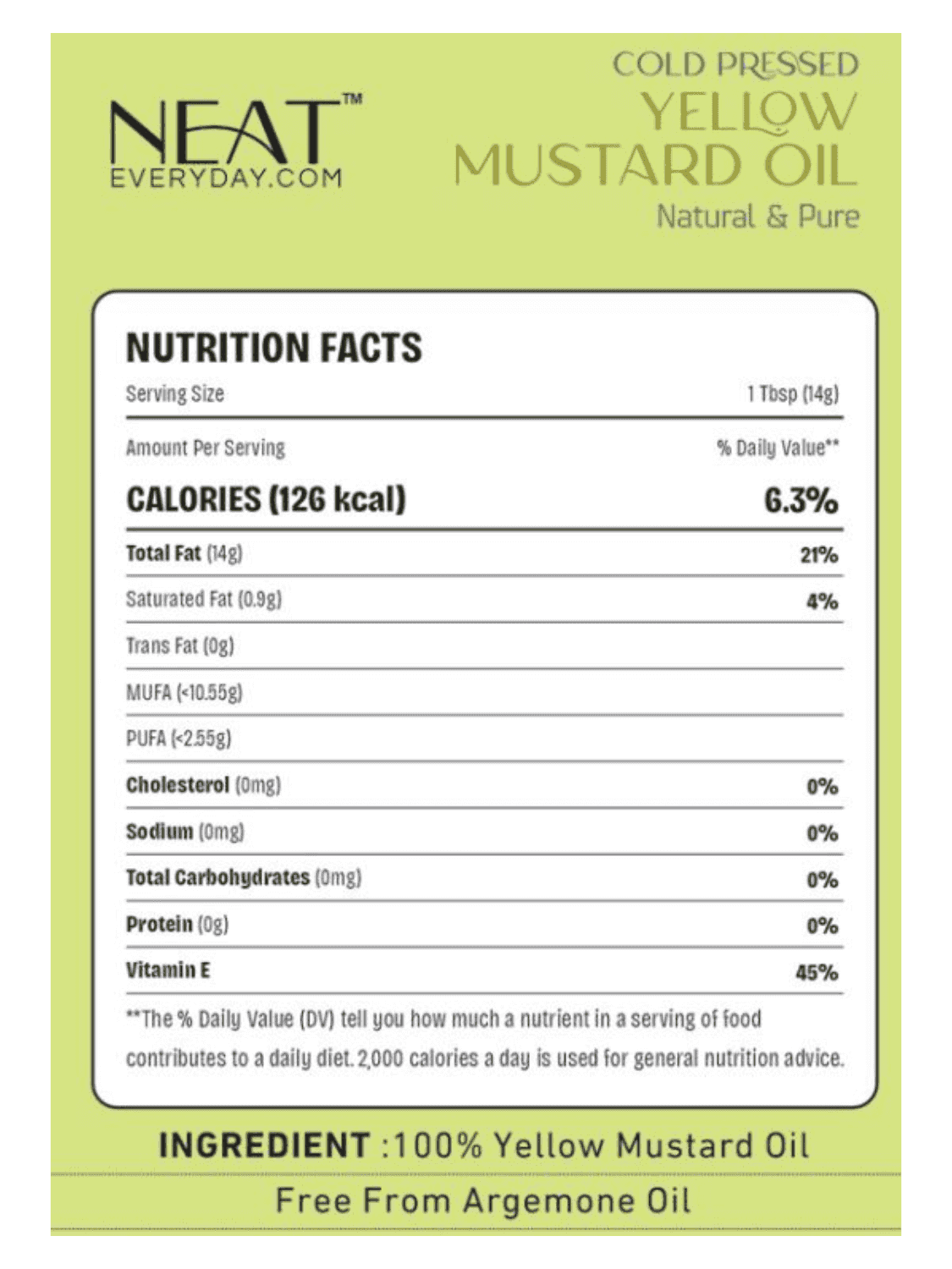 Nutrition facts label for Cold Pressed Yellow Mustard Oil for Hair Growth & Scalp Care – 100 ml, highlighting 100% pure ingredient and vitamin E content.