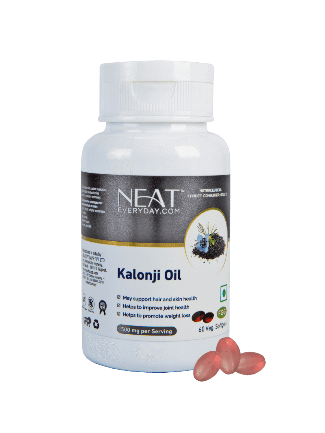 Buy Neat Kalonji Oil Soft Gel – Boost Memory, Weight Loss, and Promote Healthy Skin & Hair; 500mg herbal supplement in jar pack for joint, skin, and hair health.