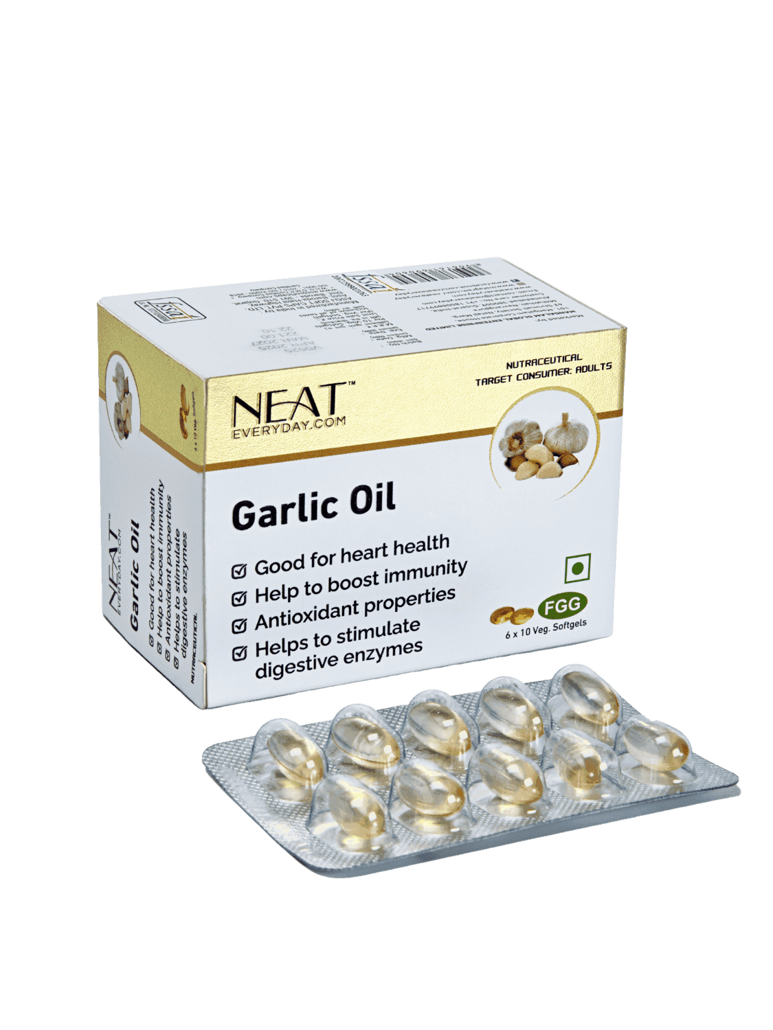 NEAT Everyday Garlic Oil Softgel Capsules 1000mg in box and blister pack, supporting digestion, immunity, and antioxidant health.
