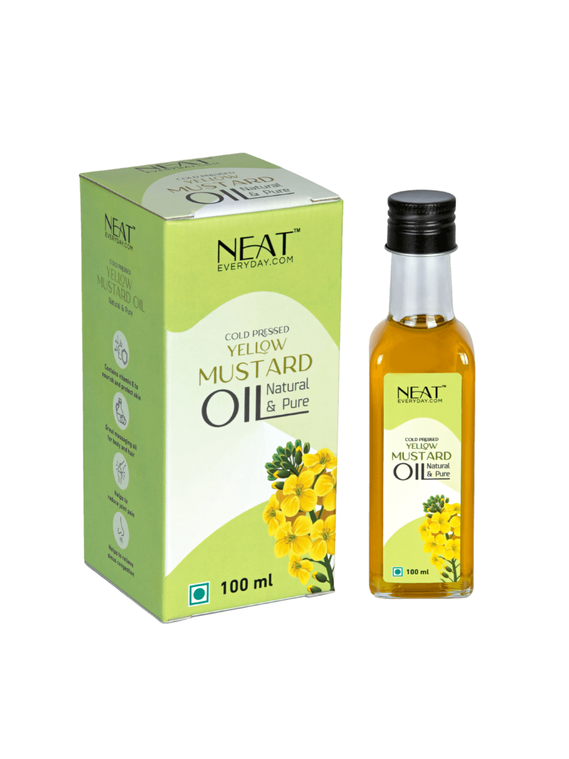 Cold Pressed Yellow Mustard Oil for Hair Growth & Scalp Care – 100 ml bottle with box packaging, ideal for cooking and body massage.