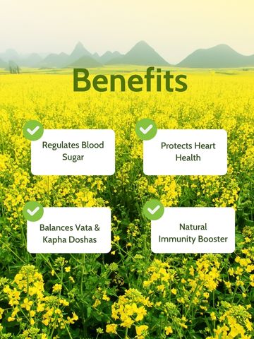Benefits of Cold Pressed Yellow Mustard Oil for Hair Growth & Scalp Care – 100 ml include heart health, immunity, and dosha balance, shown over mustard field.