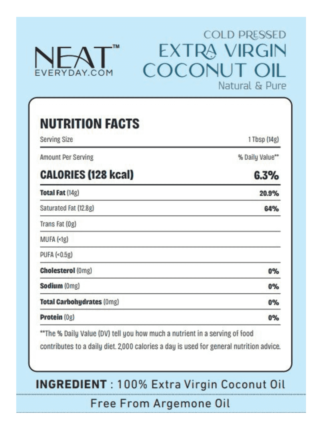 Nutrition label of Cold Pressed Extra Virgin Coconut Oil for Hair, Skin & Wellness – 100 ml, showing 100% pure coconut oil with no additives.