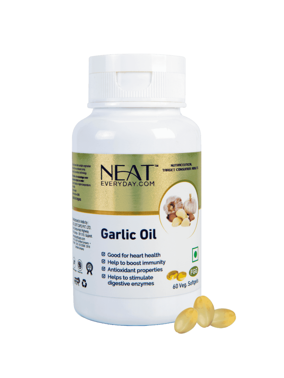 Garlic Oil Softgel Capsules 1000mg bottle by NEAT Everyday with 60 vegan capsules for heart, immunity, and digestive wellness.