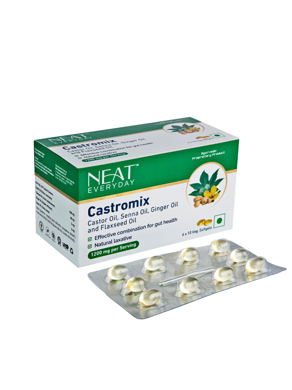 Castromix (Castor Oil, Senna Oil, Ginger Oil, Flaxseed Oil) Softgel Capsules-1200mg Per Serving