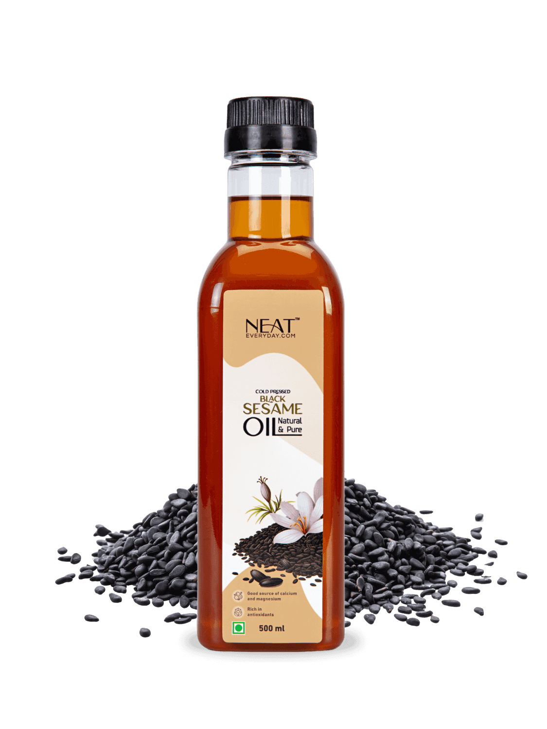 Cold-pressed black sesame oil 500ml bottle by Neat Everyday, placed with raw black sesame seeds. Ideal for cooking, skincare, and wellness use.