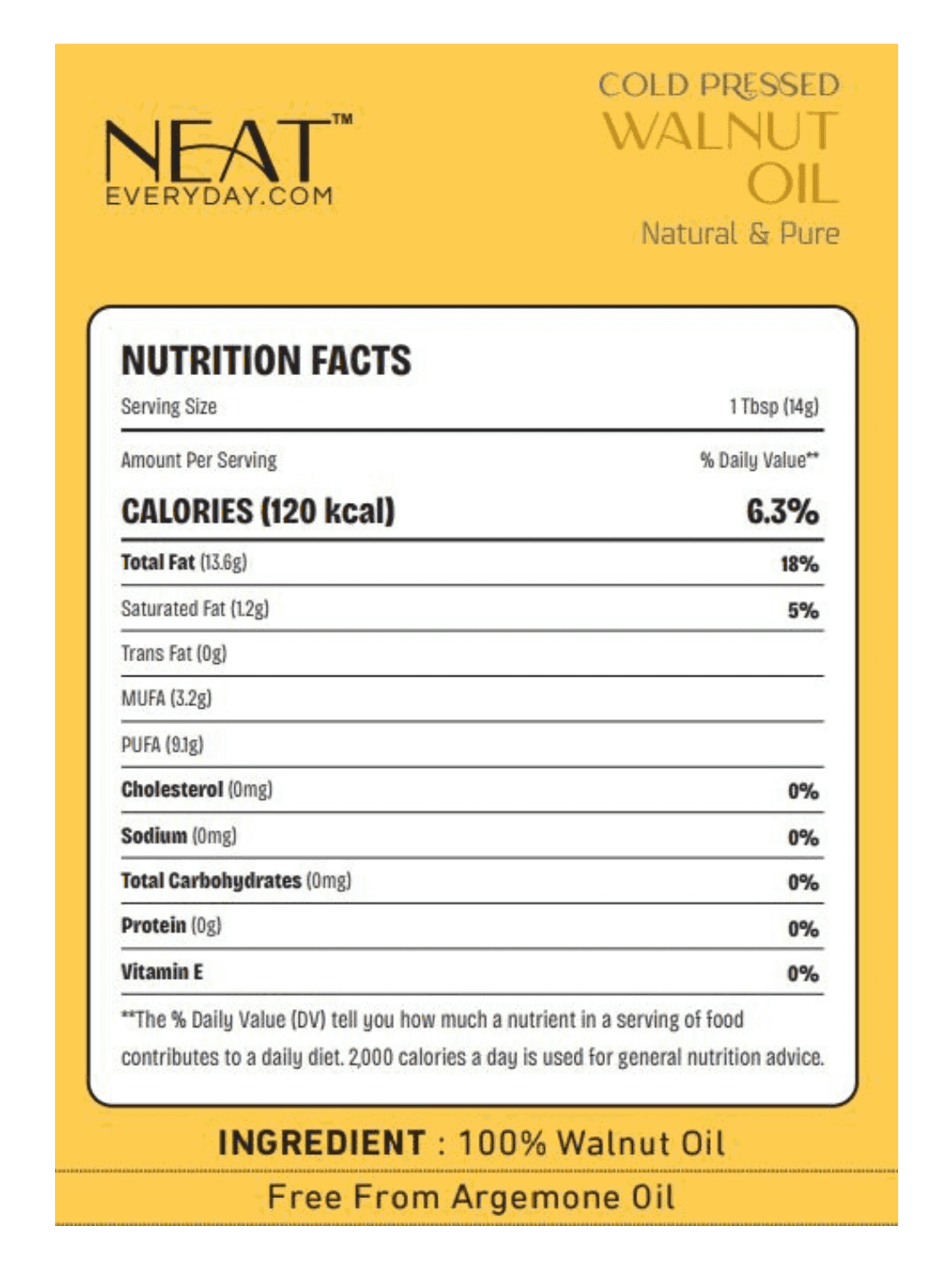 Cold Pressed Walnut Oil for Hair & Skin Wellness – 100 ml nutrition label showing 100% walnut oil content, calorie count, and zero additives.