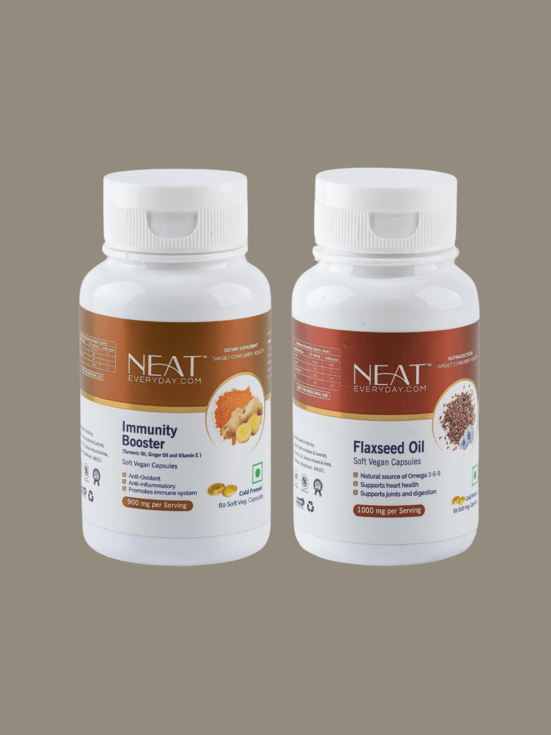 Immunity Combo Softgel Capsules featuring Immunity Booster and Flaxseed Oil bottles for daily protection and wellness support.
