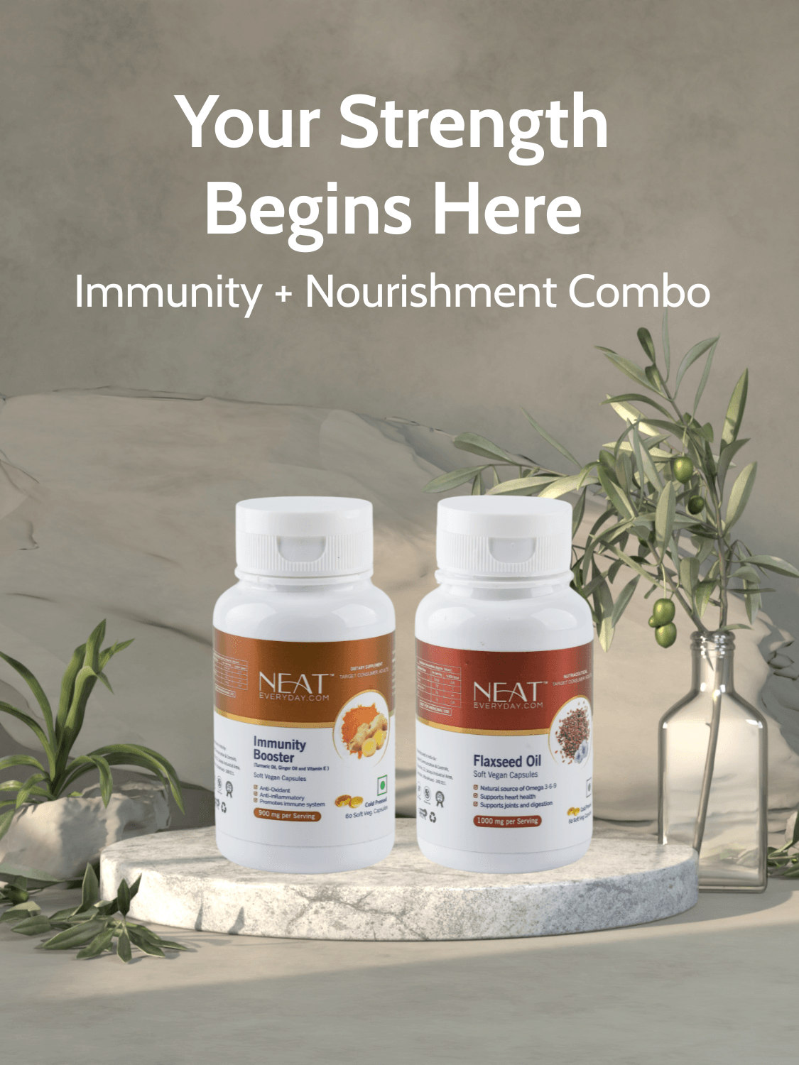 Immunity Combo Softgel Capsules displayed on a stone platform with natural elements, promoting daily protection and nourishment.