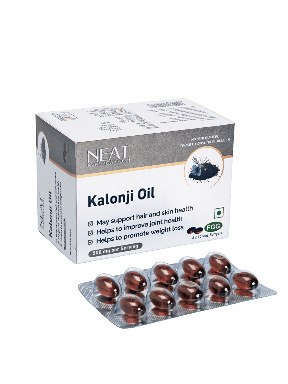 Buy Neat Kalonji Oil Soft Gel – Boost Memory, Weight Loss, and Promote Healthy Skin & Hair; 500mg herbal supplement in blister pack for joint, skin, and hair health.