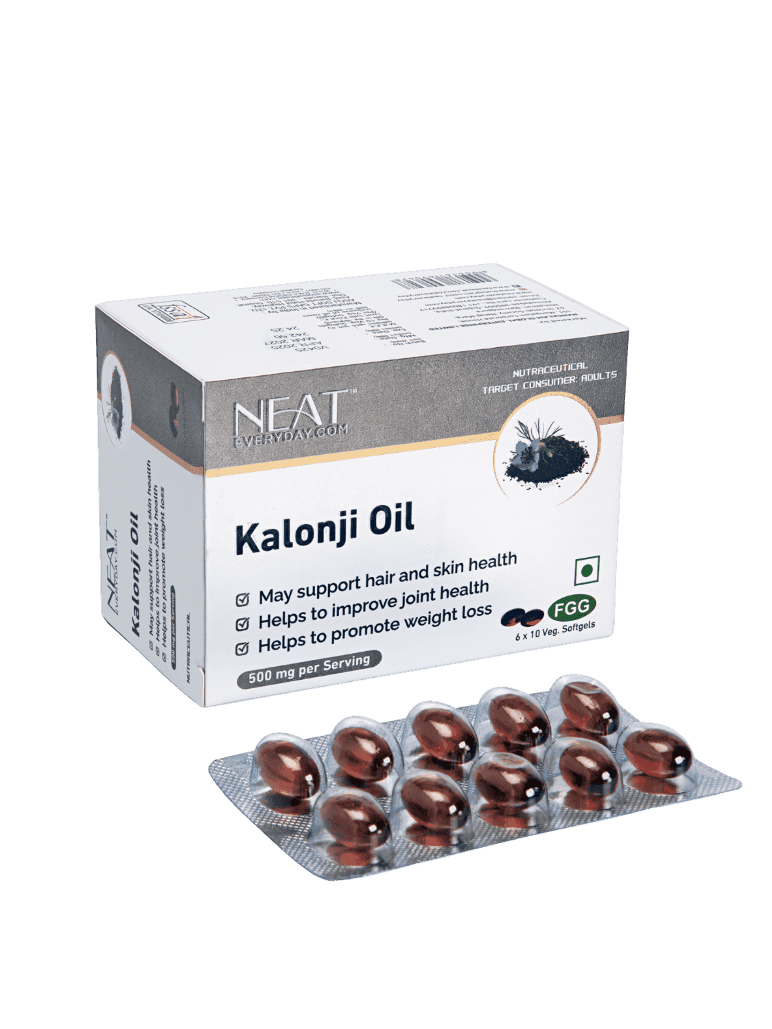 Buy Neat Kalonji Oil Soft Gel – Boost Memory, Weight Loss, and Promote Healthy Skin & Hair; 500mg herbal supplement in blister pack for joint, skin, and hair health.