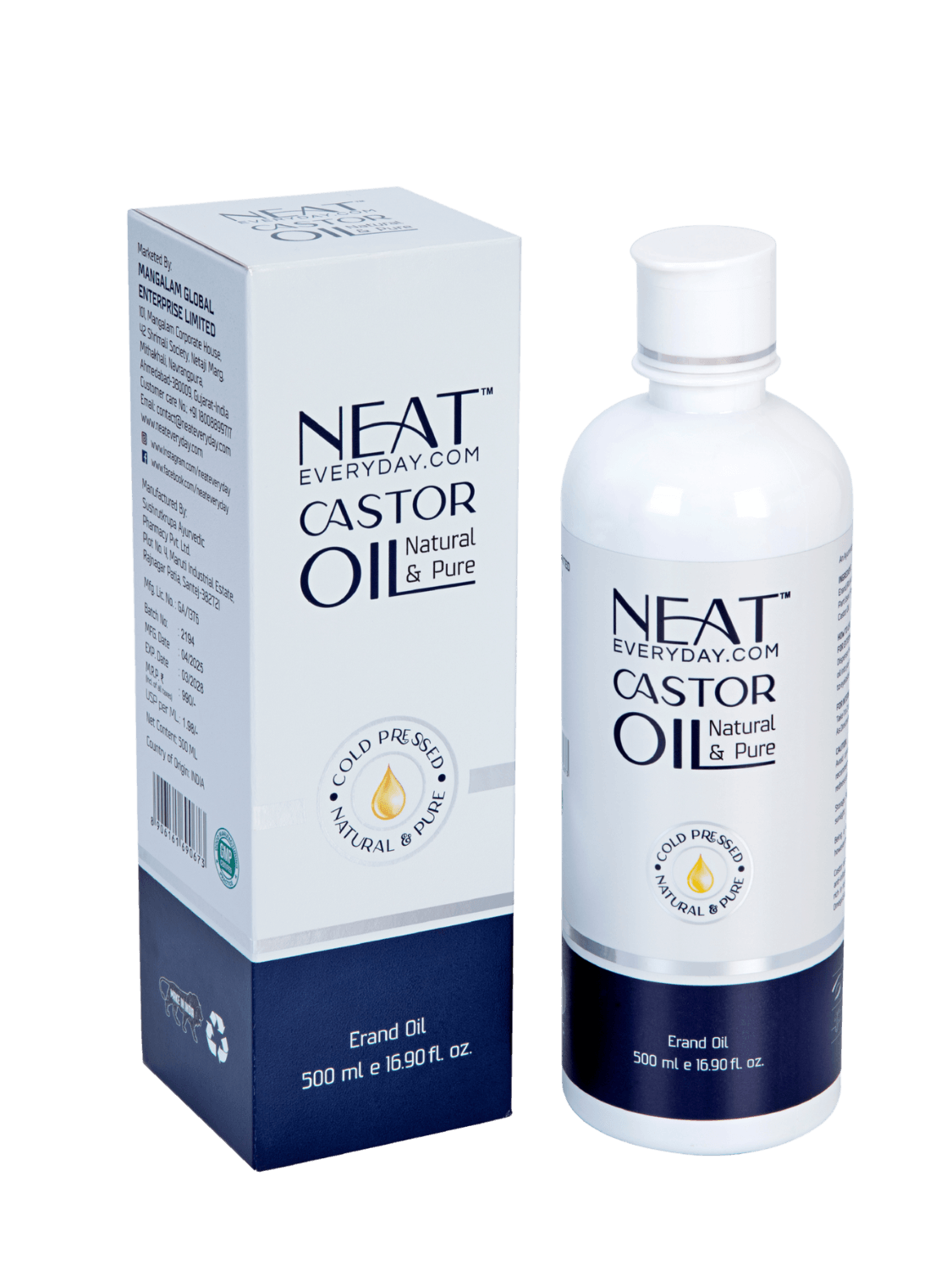 500ml bottle and box of 100% Pure Cold Pressed Castor Oil for Hair, Skin & Wellness, ideal for daily nourishment and holistic care.