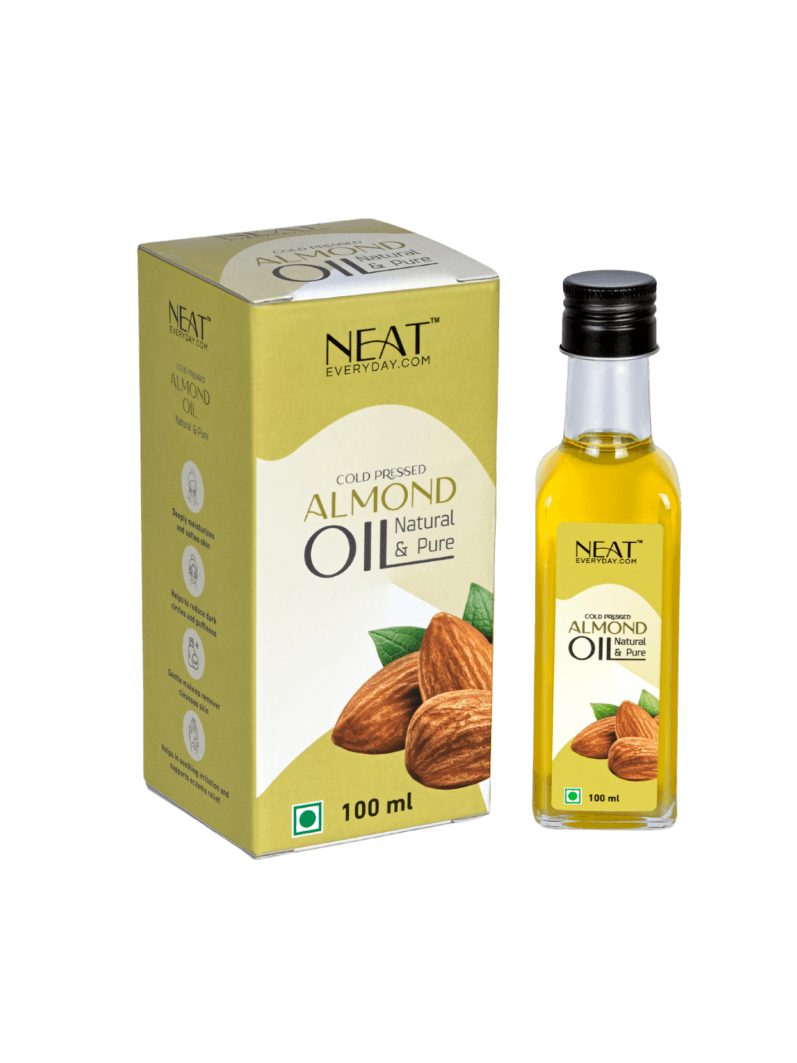 Cold Pressed Almond Oil for Hair Strength & Skin Care – 100 ml bottle with packaging box, ideal for nourishing skin and hair.