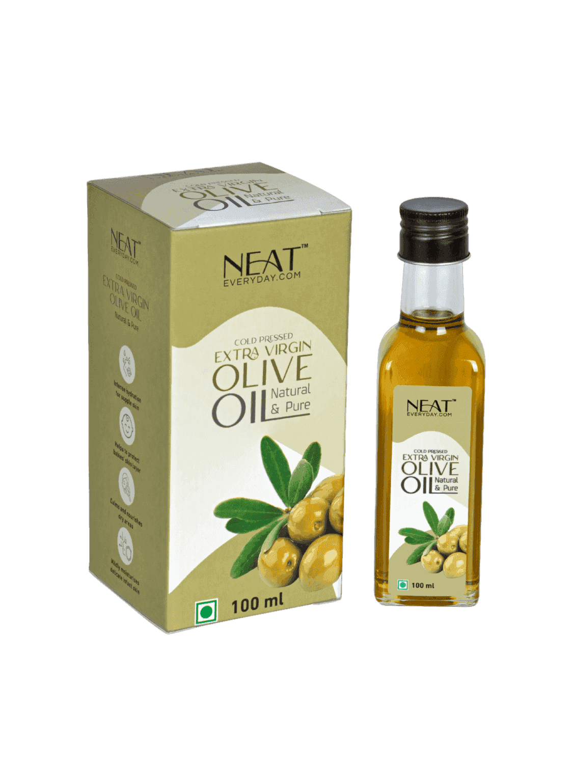 Cold Pressed Extra Virgin Olive Oil for Skin, Hair & Wellness – 100 ml bottle with box packaging, ideal for skincare and baby care routines.