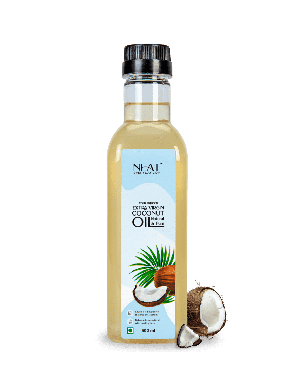 Cold Pressed Extra Virgin Coconut Oil for Hair, Skin & Wellness – 500 ml bottle with coconut halves, ideal for cooking and skincare.