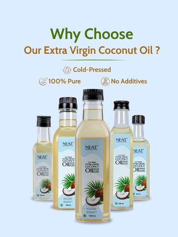Lineup of Cold Pressed Extra Virgin Coconut Oil for Hair, Skin & Wellness – 100 ml and other sizes, highlighting purity and cold-pressed benefits.