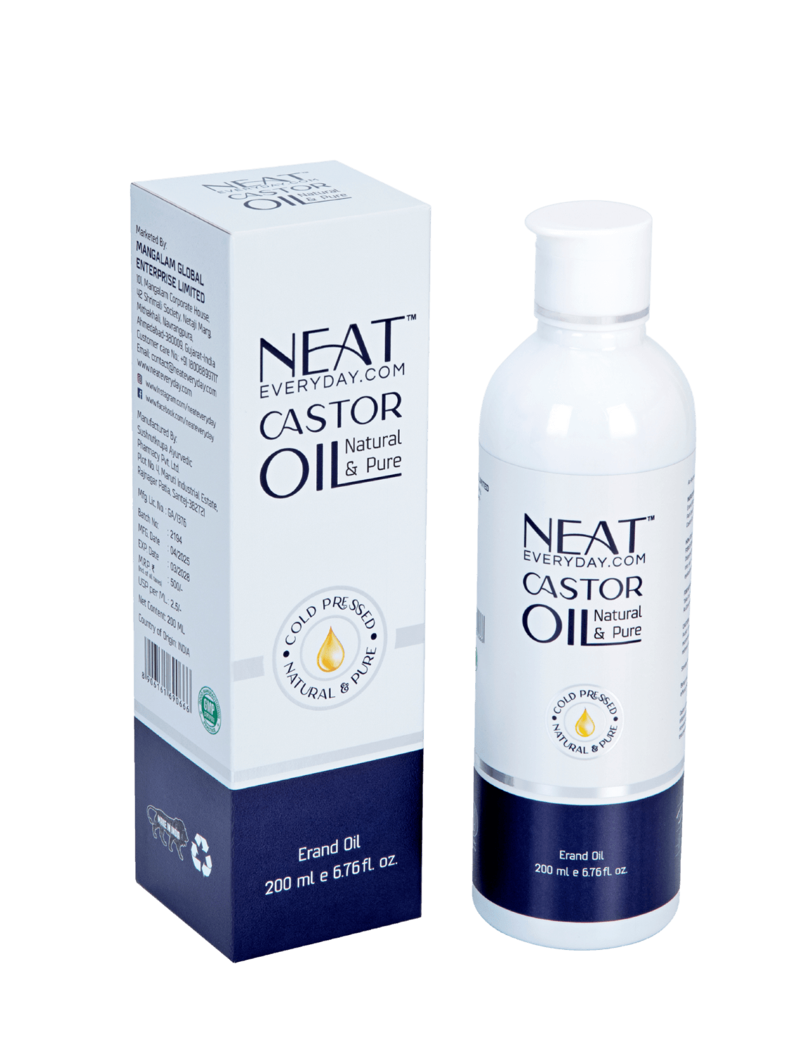 100% Pure Cold Pressed Castor Oil for Hair, Skin & Wellness – 200 ml bottle with box packaging, ideal for scalp, skin, and nail care.